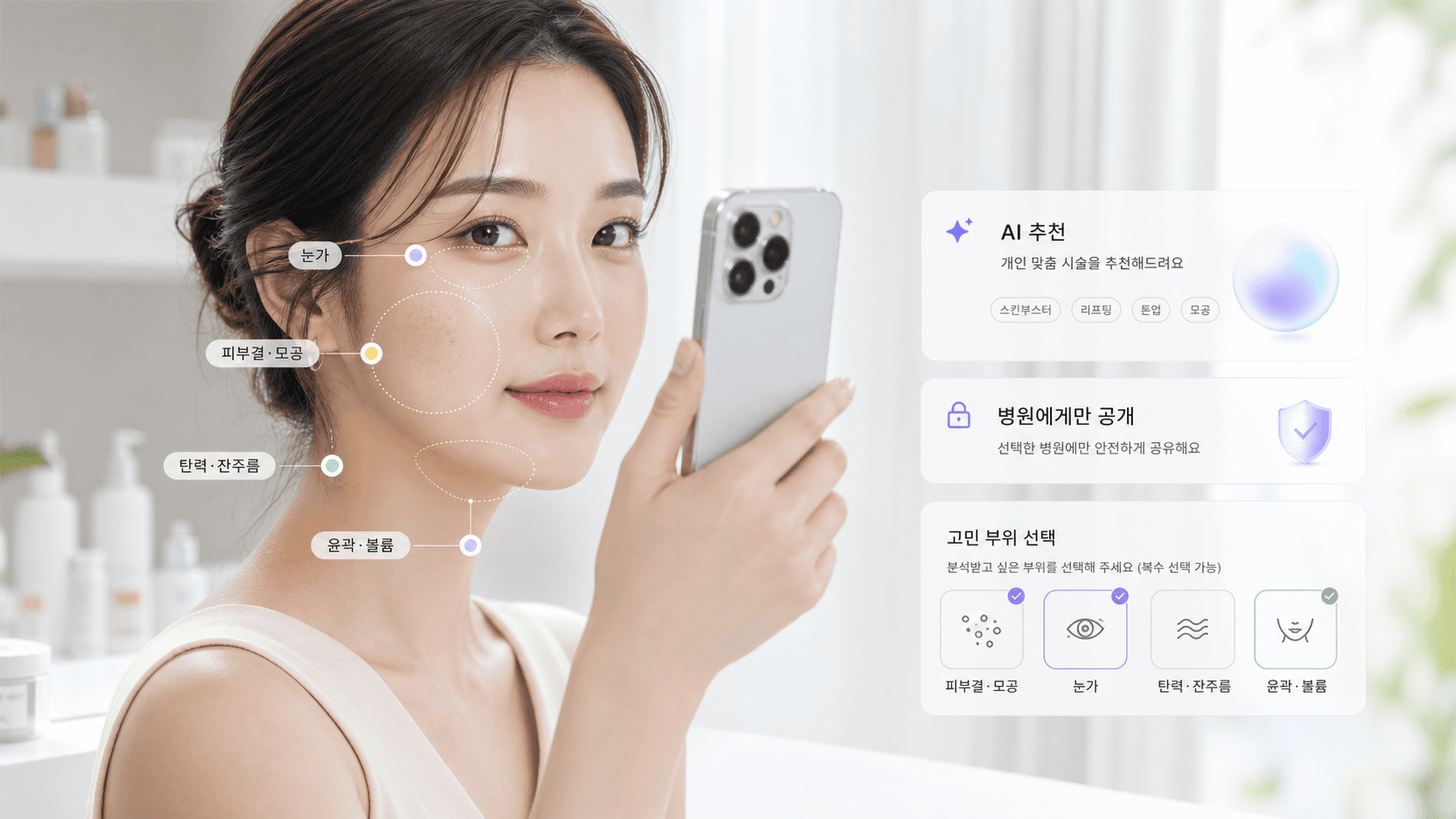 카메라로 얼굴을 업로드하고 고민 부위를 표시한 뒤 병원에게만 공개하는 탱글 기능 안내